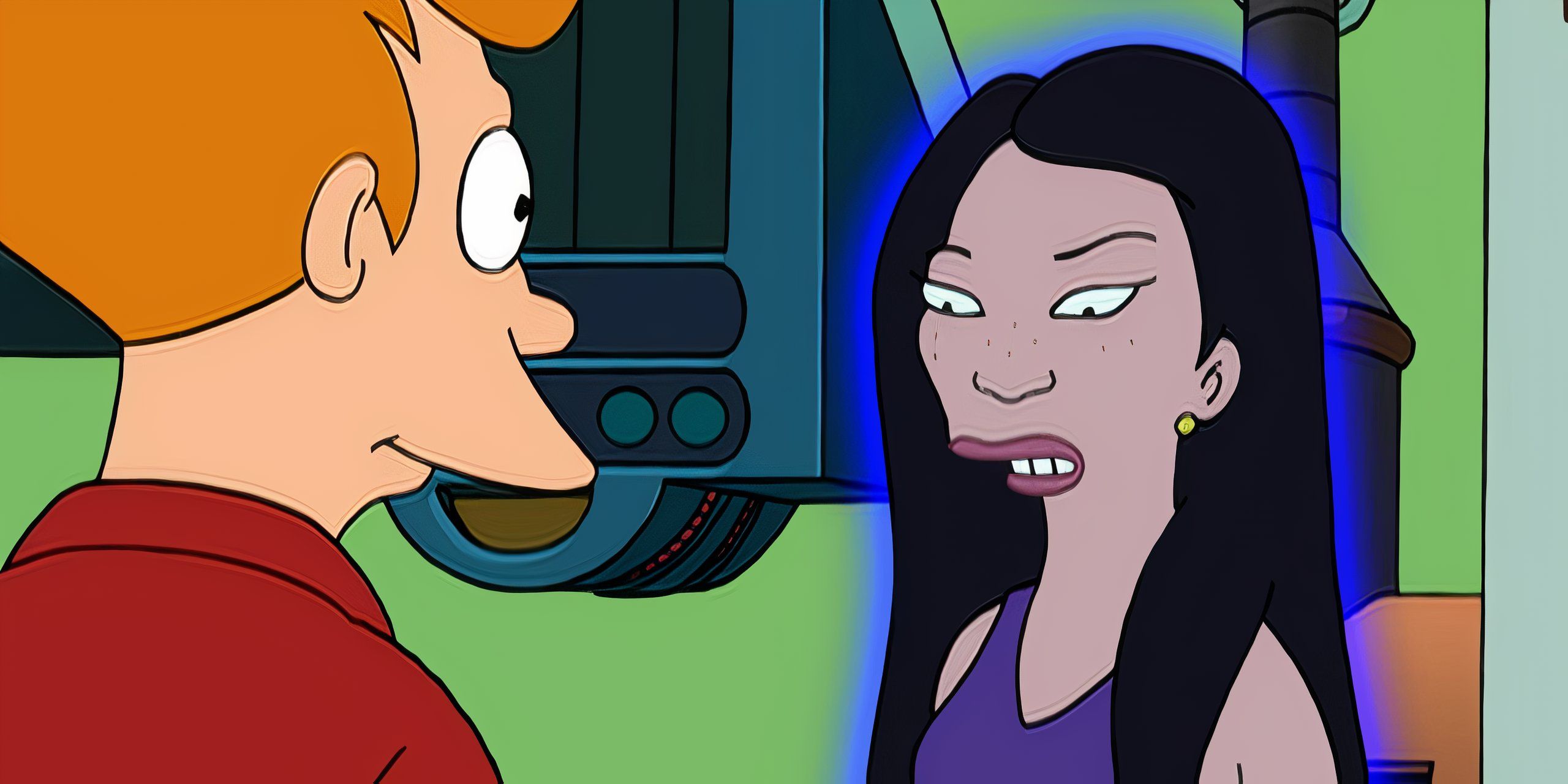 Fry smiling while looking at a robot version of Lucy Liu with a blue tint surrounding them that is programmed to be his girlfriend in the Futurama episode &ldquo;I Dated a Robot&rdquo;