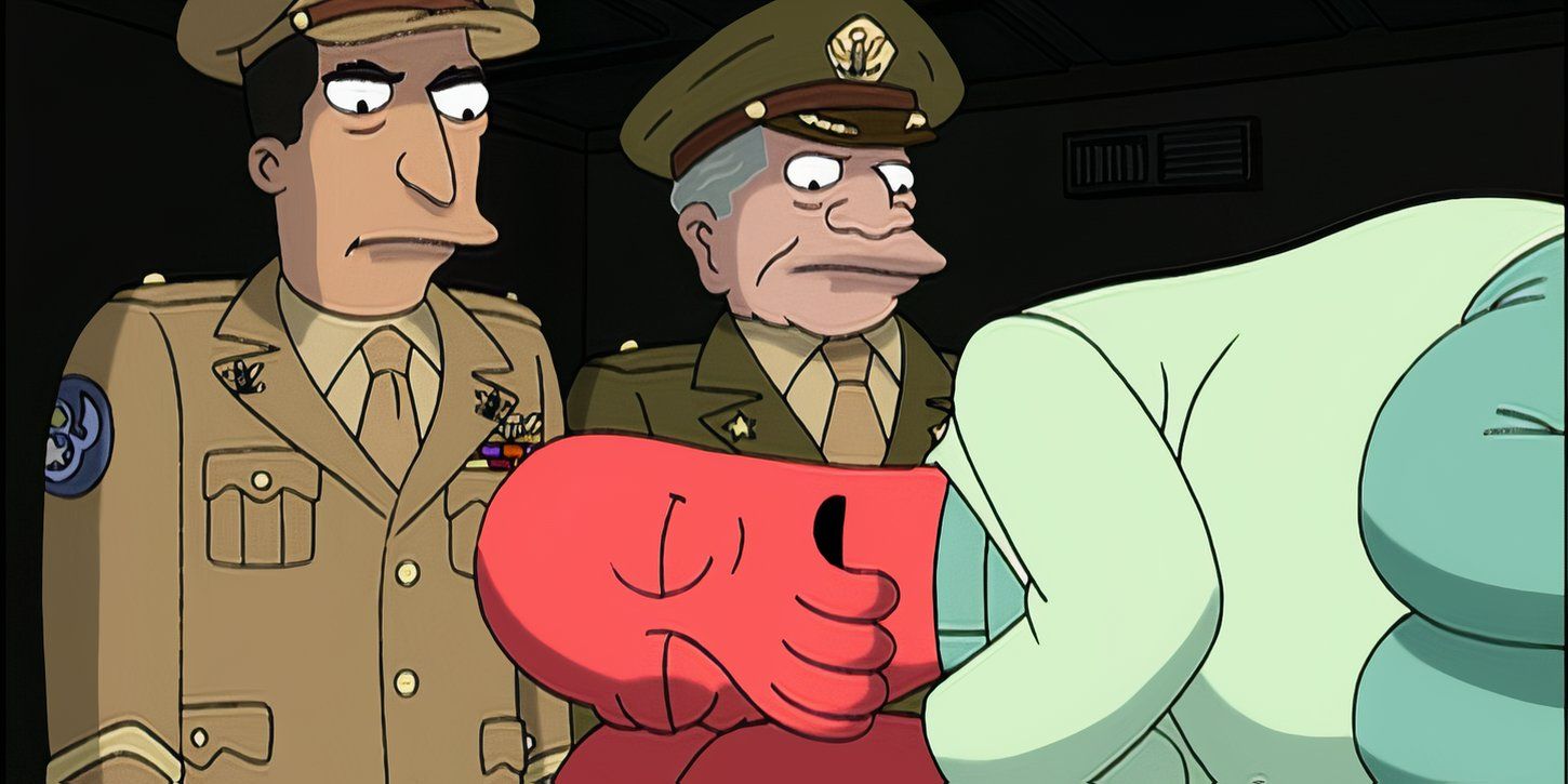 Zoidberg sleeping on a table while a duo of U.S. military officers look in in confusion and disgust in the Futurama episode 'Roswell that Ends Well'