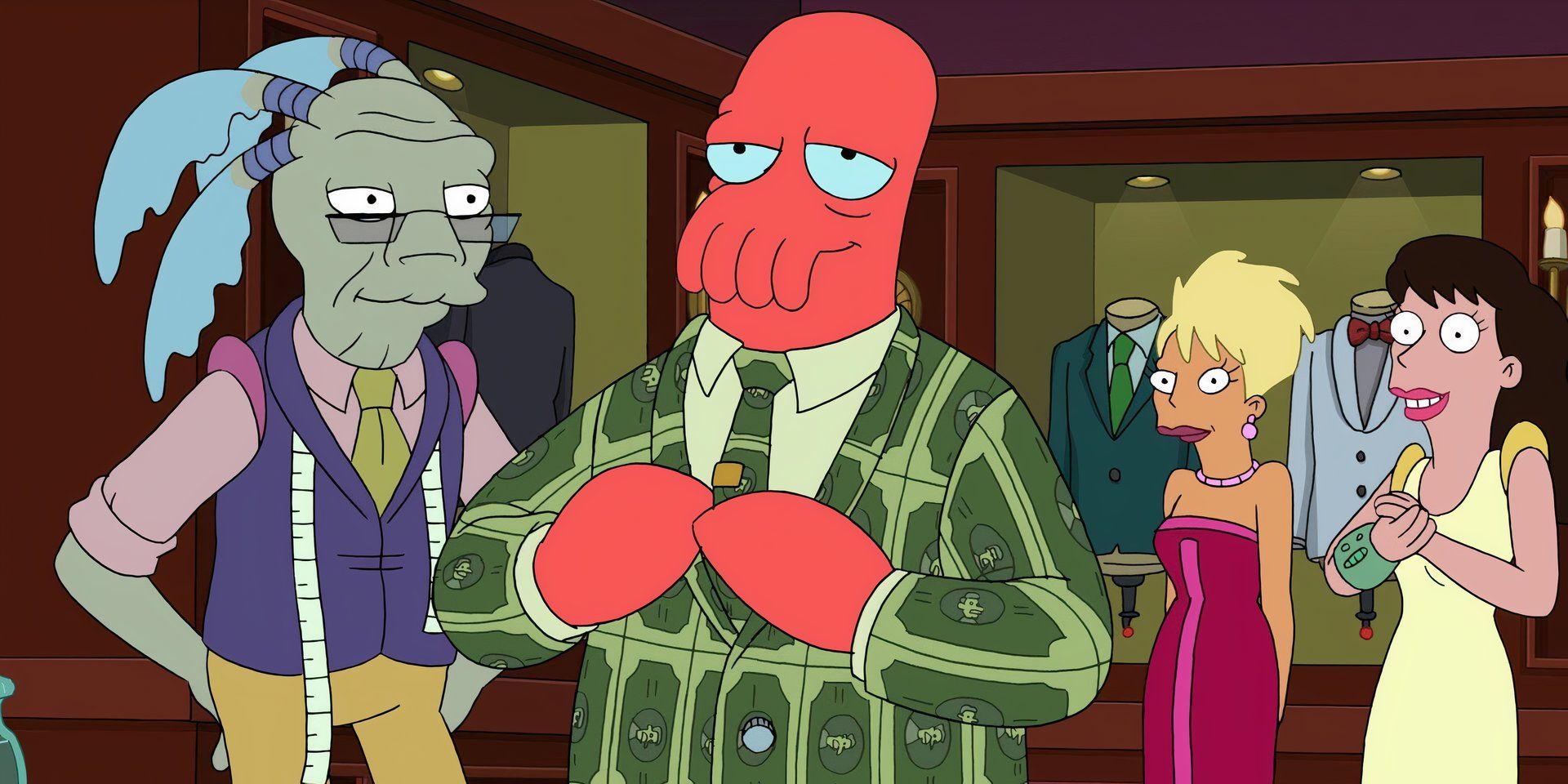 Zoidberg with a smug expression on his face as he wears a suit decaled with dollar bills as he enters a casino in the Futurama episode 'Viva Mars Vegas'