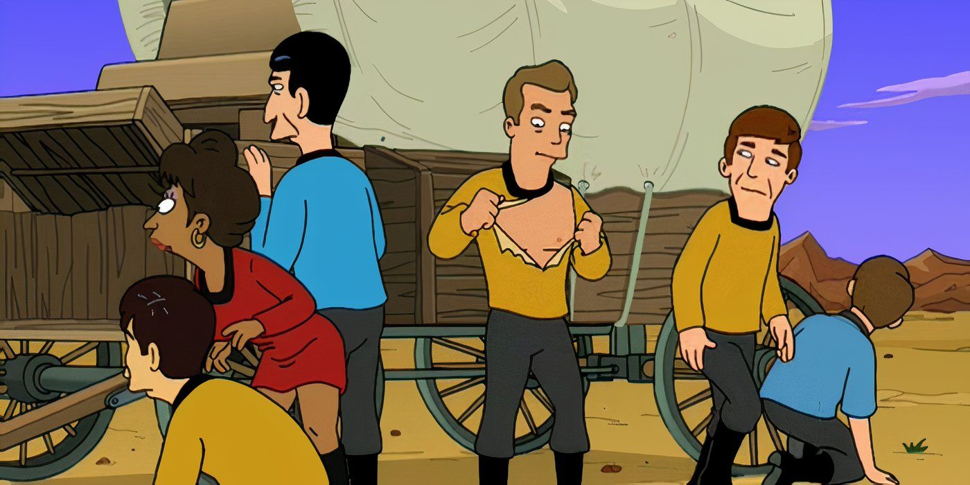 The cast of the original Star Trek series animated in the Futurama style and cowering behind an old school wagon carriage in the Futurama episode &lsquo;Where No Fan Has Gone Before&rsquo;