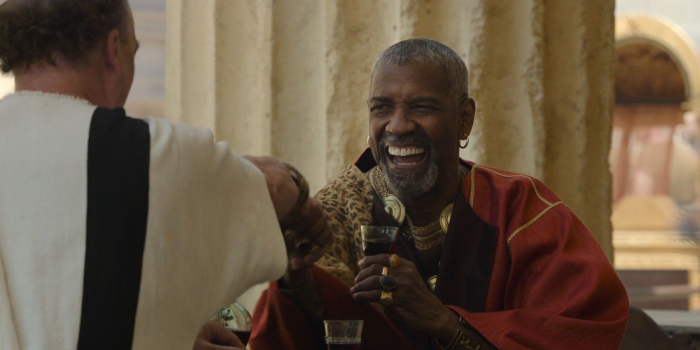 Denzel Washington laughs as Macrinath in ``Gladiator 2.''