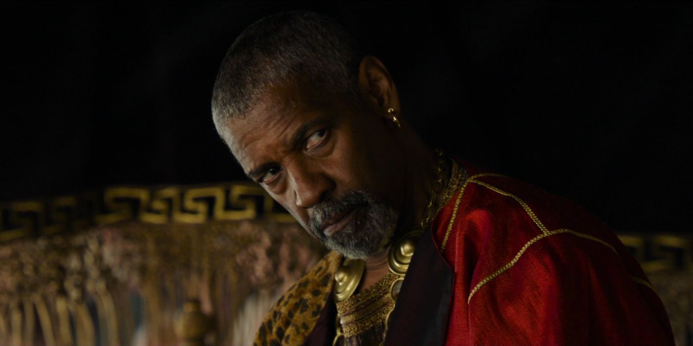 Denzel Washington as the leering Macrinus in Gladiator 2