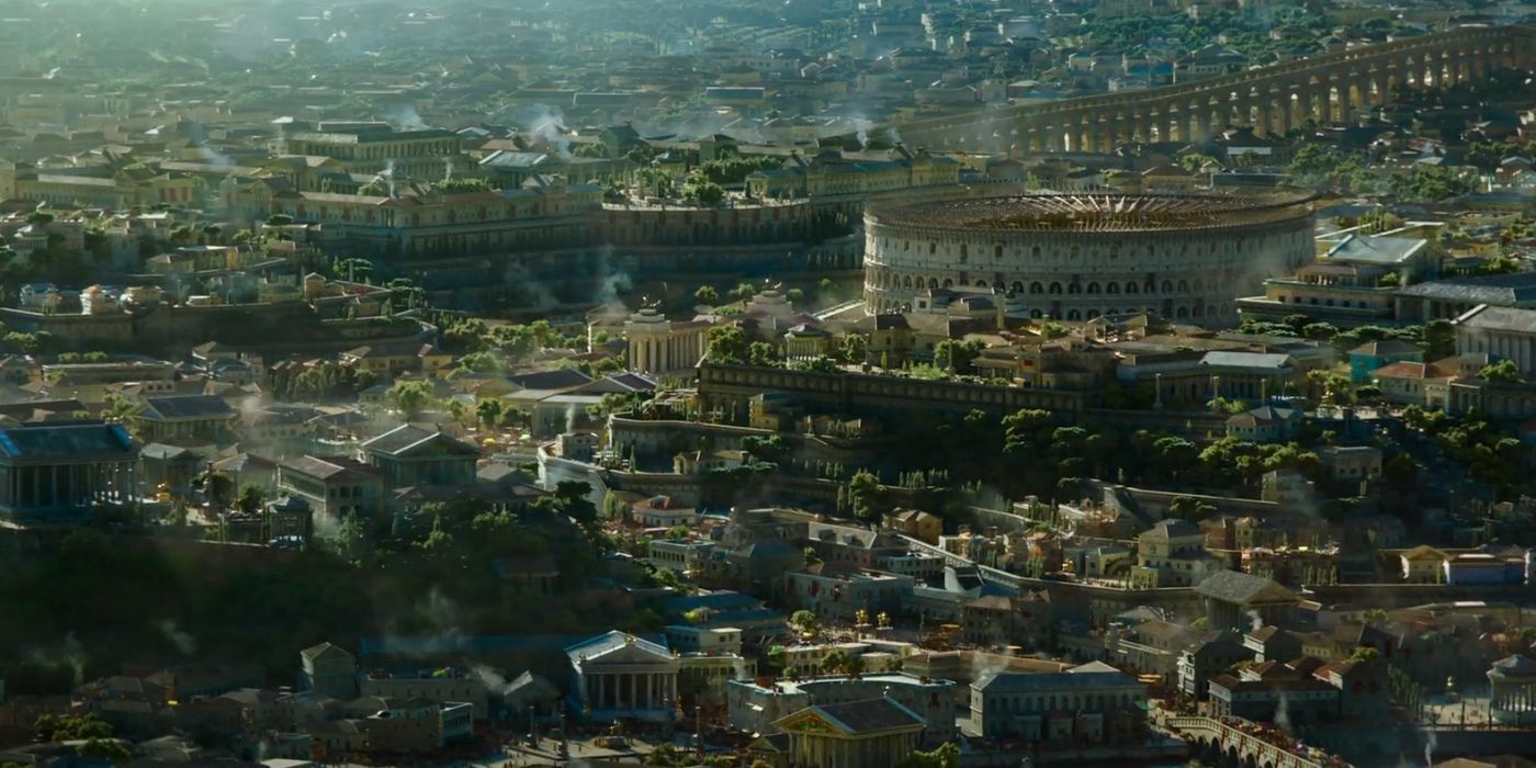 Rome in Gladiator 2 with the Colosseum.