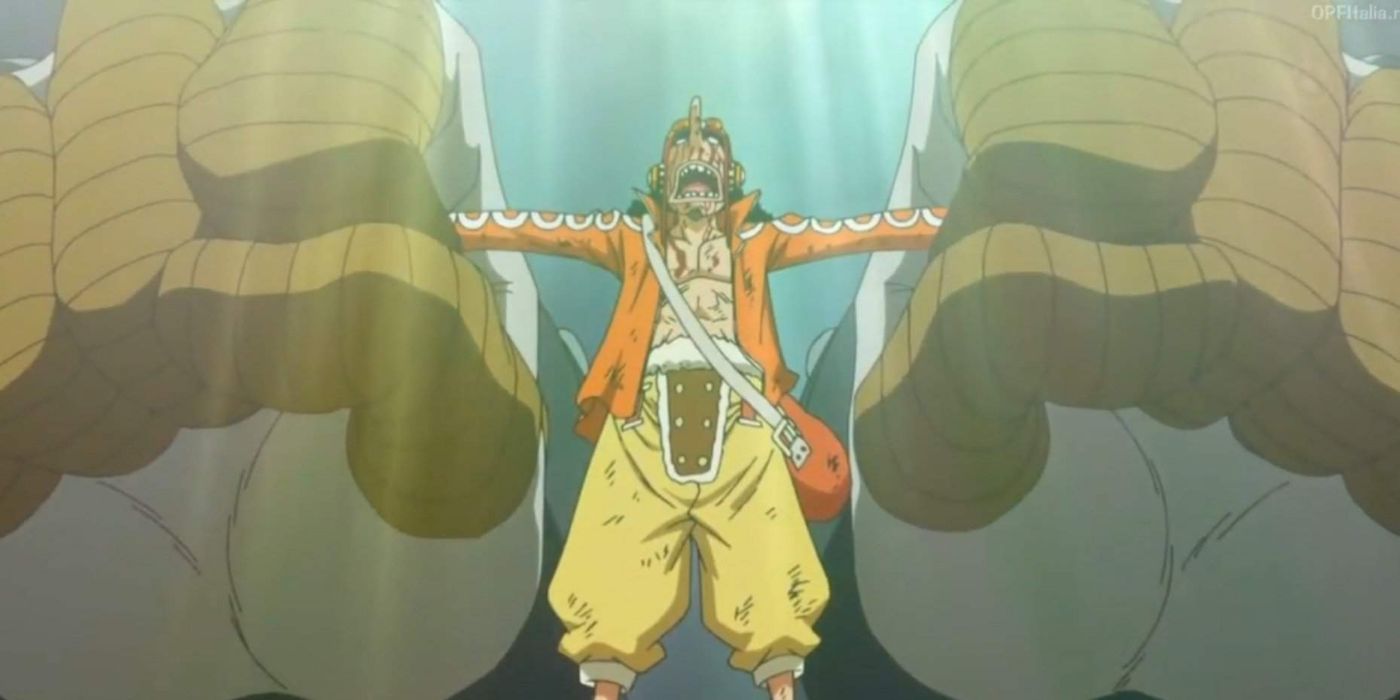 Usopp being lifted up and praised as a god in dressrosa in one piece