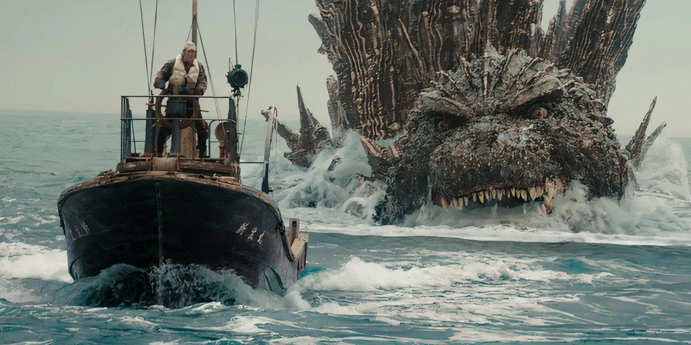 Godzilla chasing after a small fishing boat in 'Godzilla Minus One'