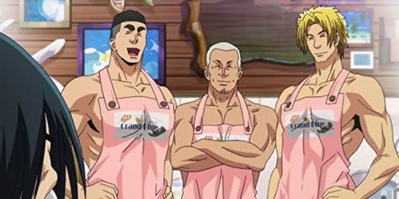 Toshiro, Tokita and Kotobuki from Grand blue shirtless and wearing pink aprons