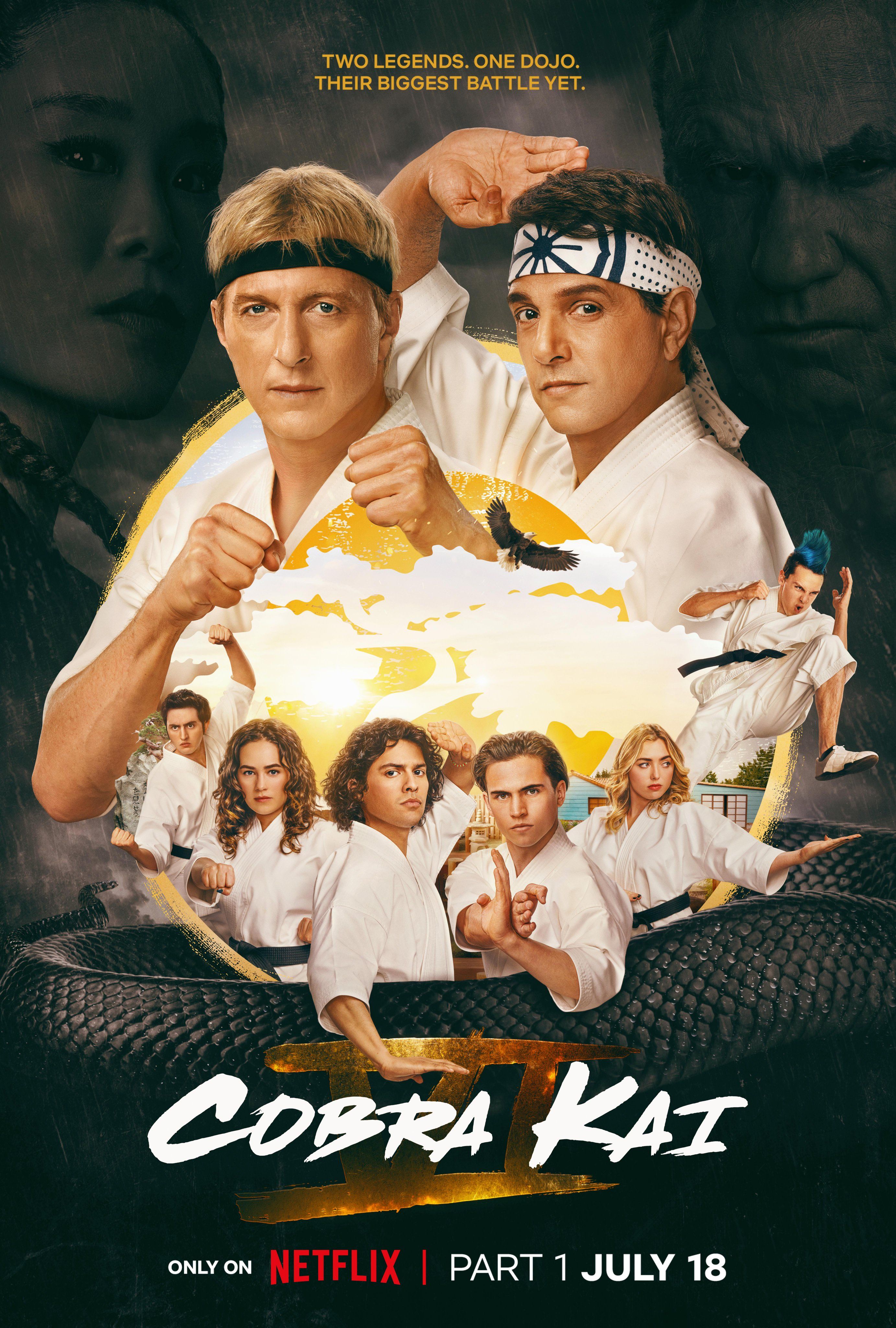 The cast of Cobra Kai on the official poster for Season 6 Part 1.