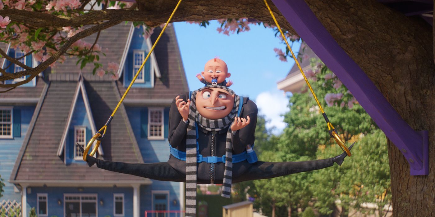 Gru (Steve Carell) doing the splits from a tree with Gru Jr on his shoulders in Despicable Me 4.