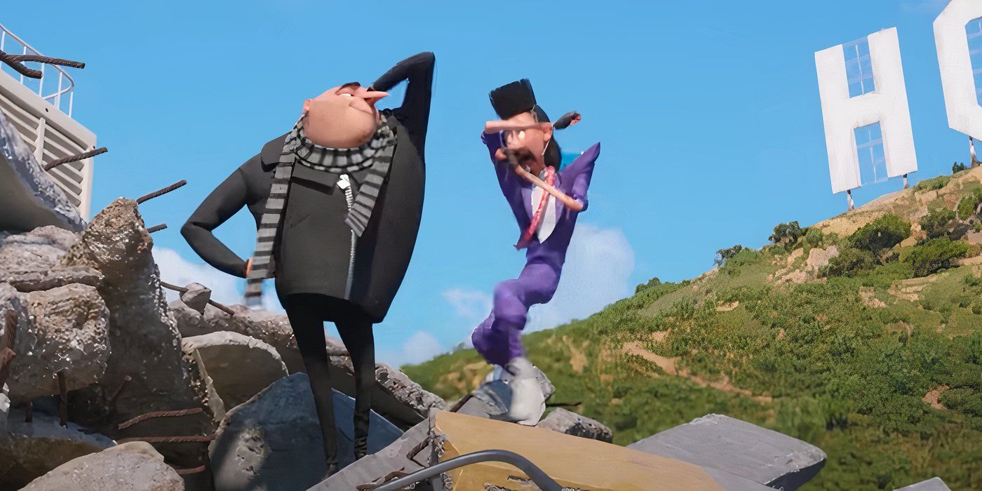 Gru and Balthazaar Bratt engaged in a dance fight next to the Hollywood sign in Despicable Me 3