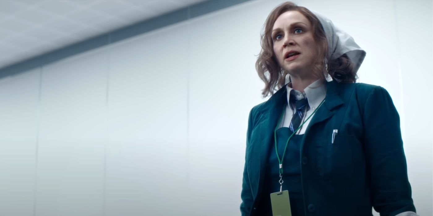 Gwendoline Christie in a work uniform in Severance Season 2.