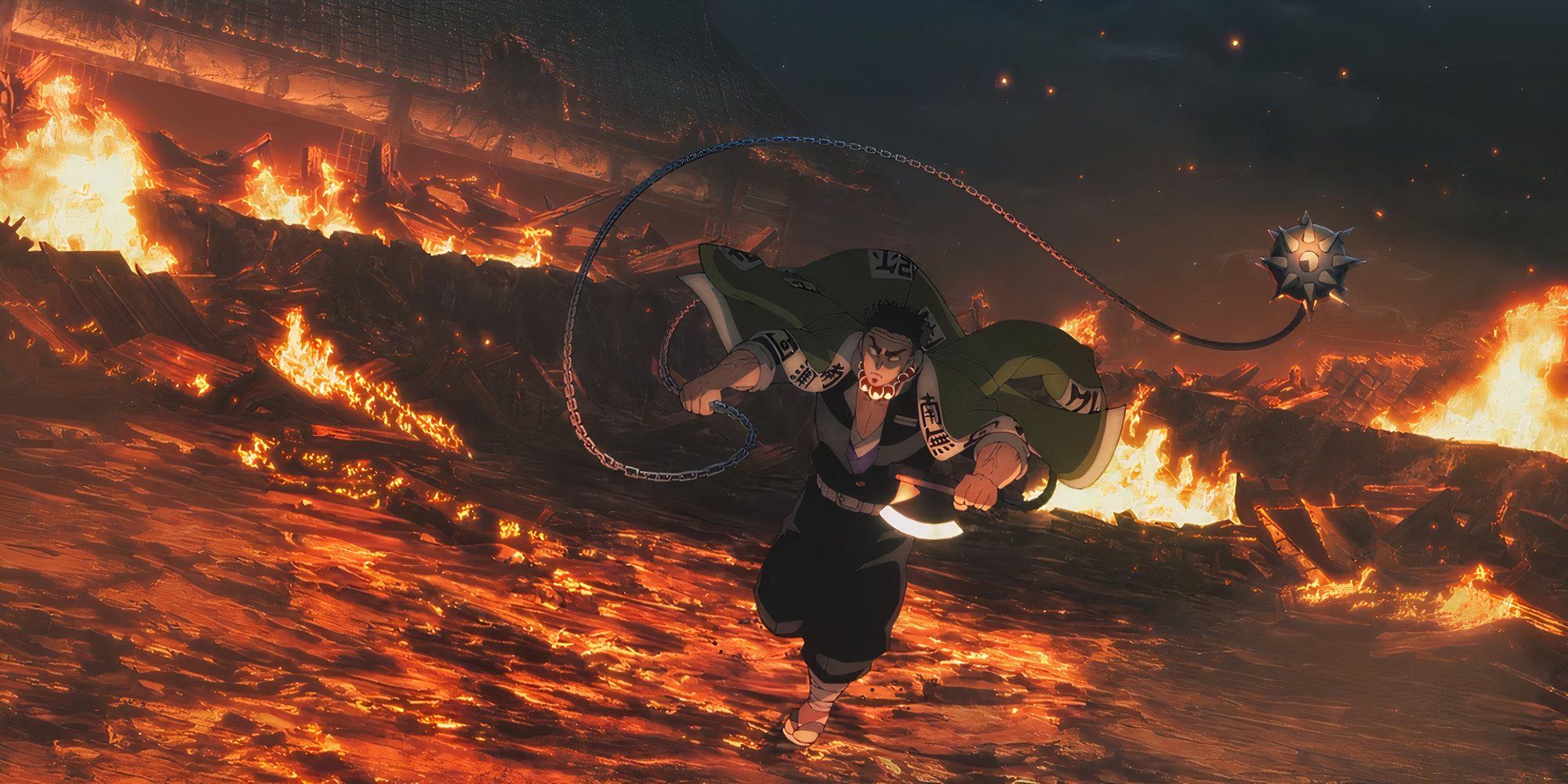 gyomei himejima running across fire with his spiked blade