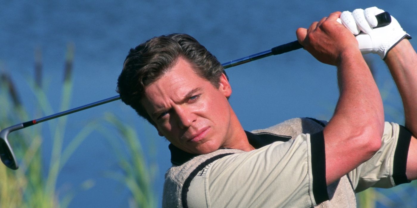 Christopher McDonald swinging a club as Shooter McGavin in Happy Gilmore