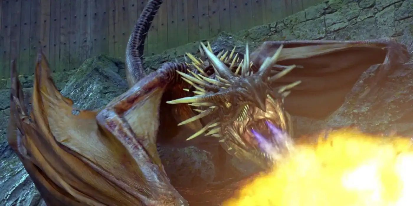 The Hungarian Horntail breathing fire at Harry Potter in Harry Potter and the Goblet of Fire