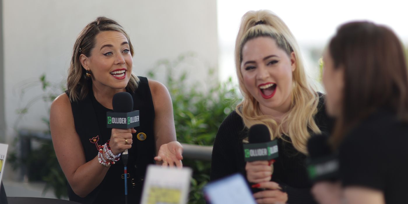 Vivienne Medrano and Erika Henningsen laughing at a Hazbin Hotel interview at SDCC