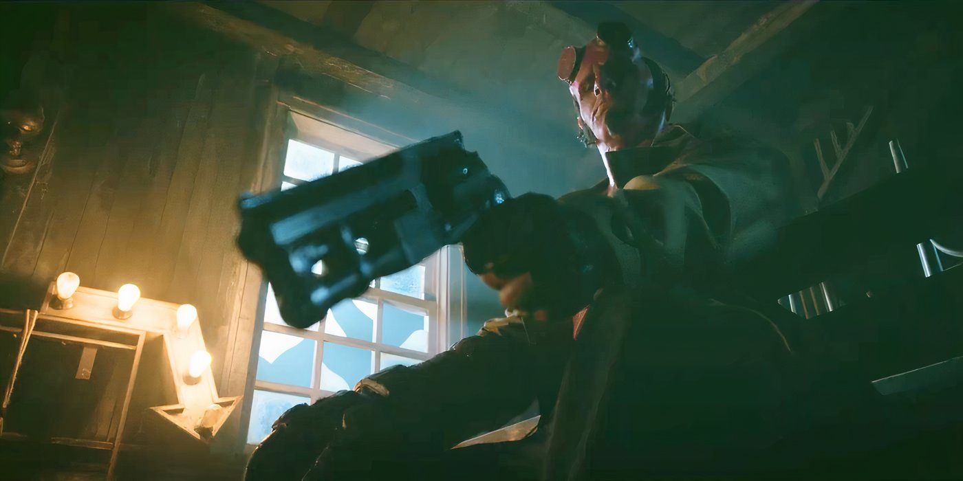 Jack Kesy as Hellboy holding his pistol in Hellboy: The Crooked Man.