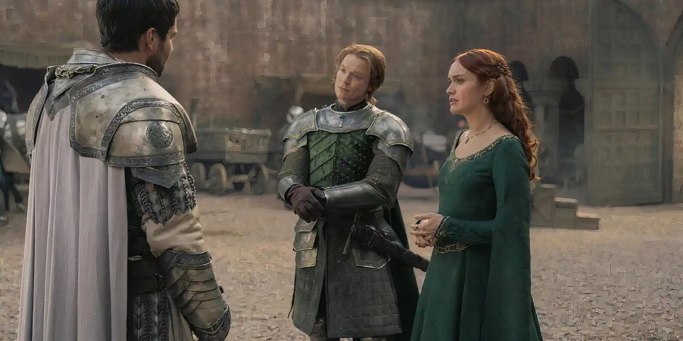 Ser Criston Cole, Ser Gwayne Hightower, and Dowager Queen Alicent Hightower stand together