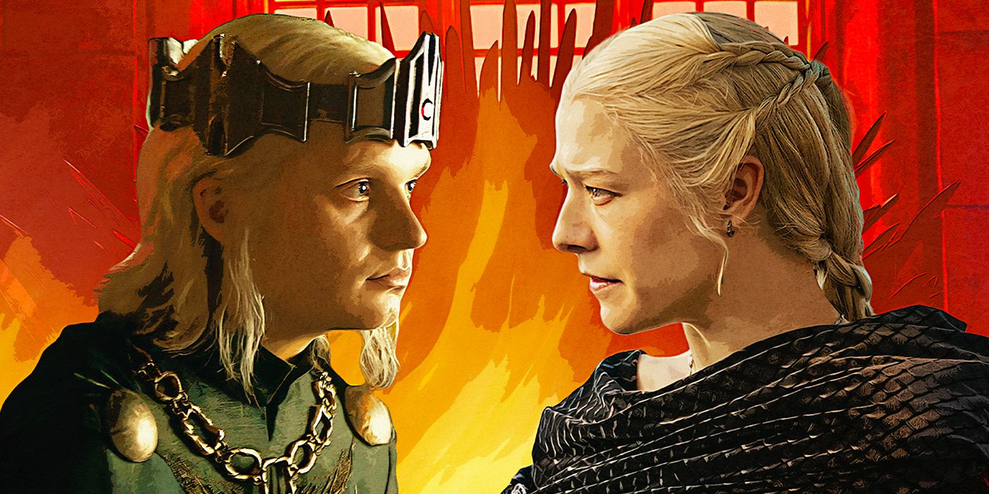 Tom Glynn-Carney as Aegon II and Emma D'Arcy as Rhaenyra against a flame background