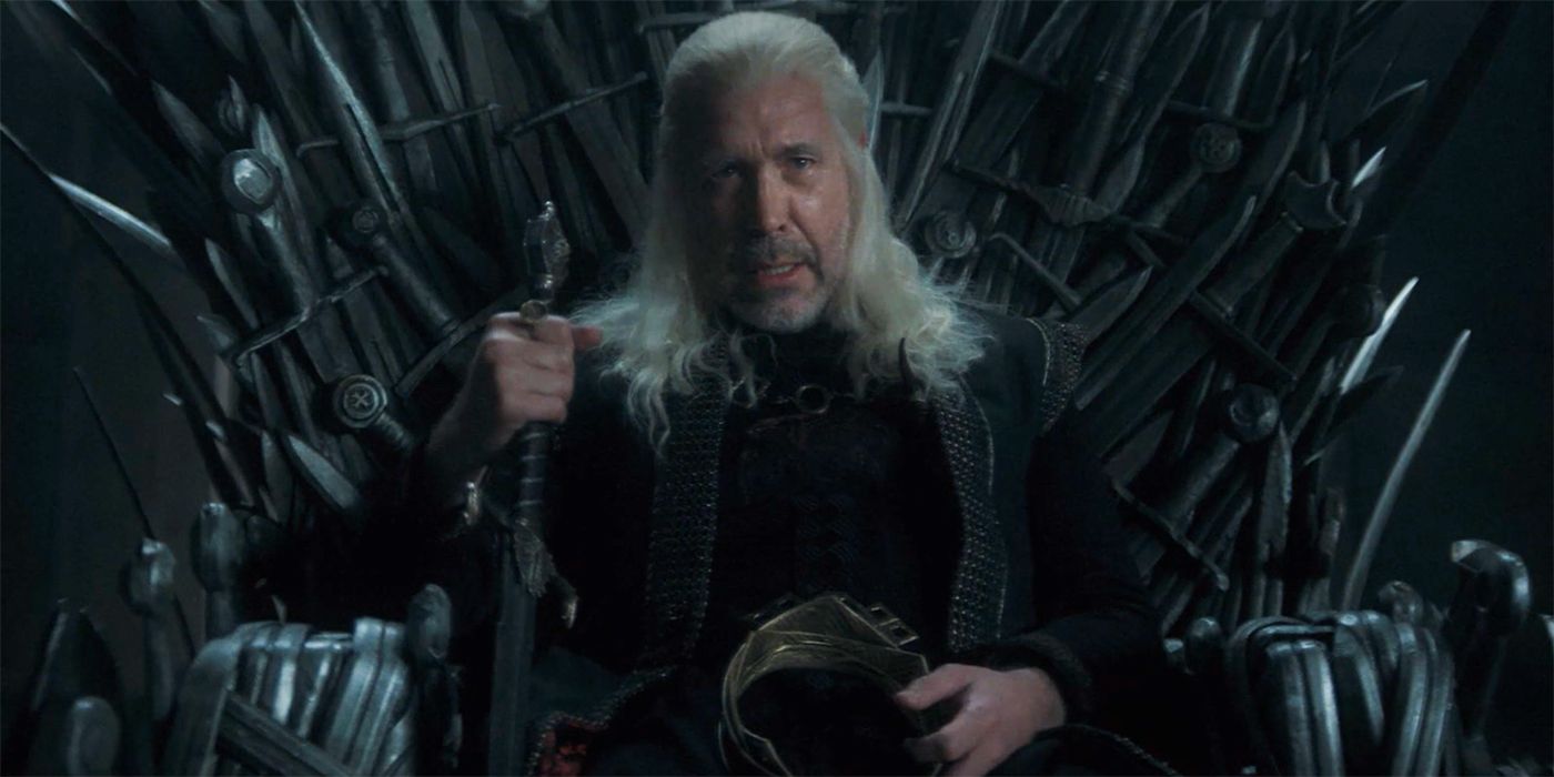 Paddy Considine as Viserys holding his crown in House of the Dragon Season 2