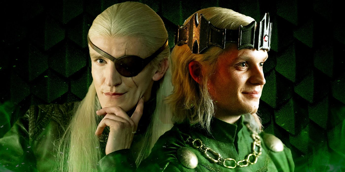 Ewan Mitchell as Aemond next to Tom Glynn-Carney as Aegon II in a custom image for House of the Dragon Season 2