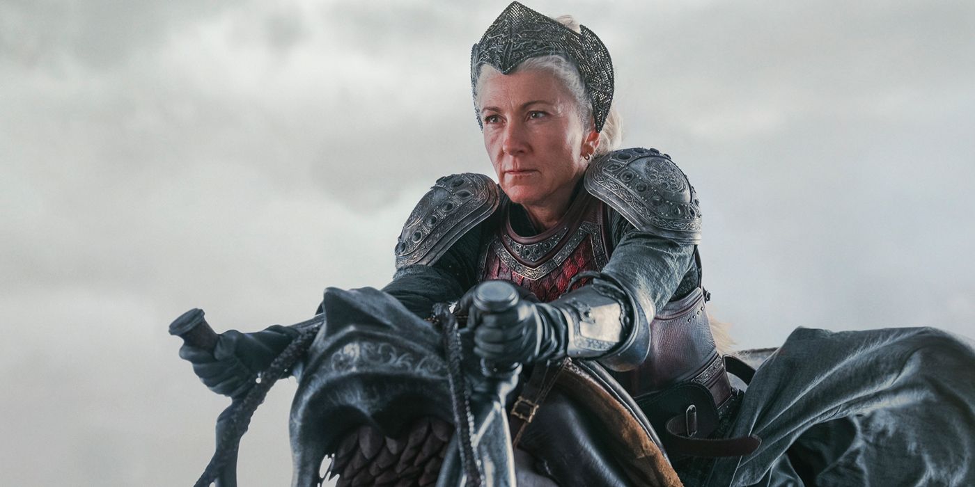 Eve Best as Rhaenys riding her dragon in House of the Dragon Season 2 Episode 4