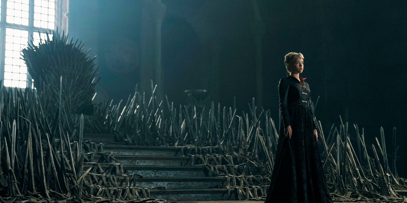 Milly Alcock as young Rhaenyra standing in front of the Iron Throne in House of the Dragon Season 2 Episode 4