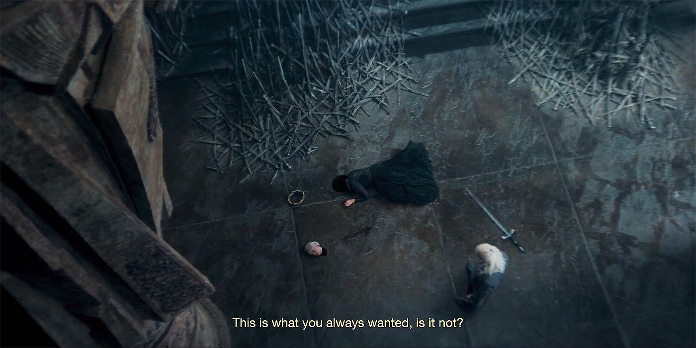 Milly Alcock as Rhaenyra on the ground, beheaded, speaking to Daemon in House of the Dragon Season 2 Episode 4