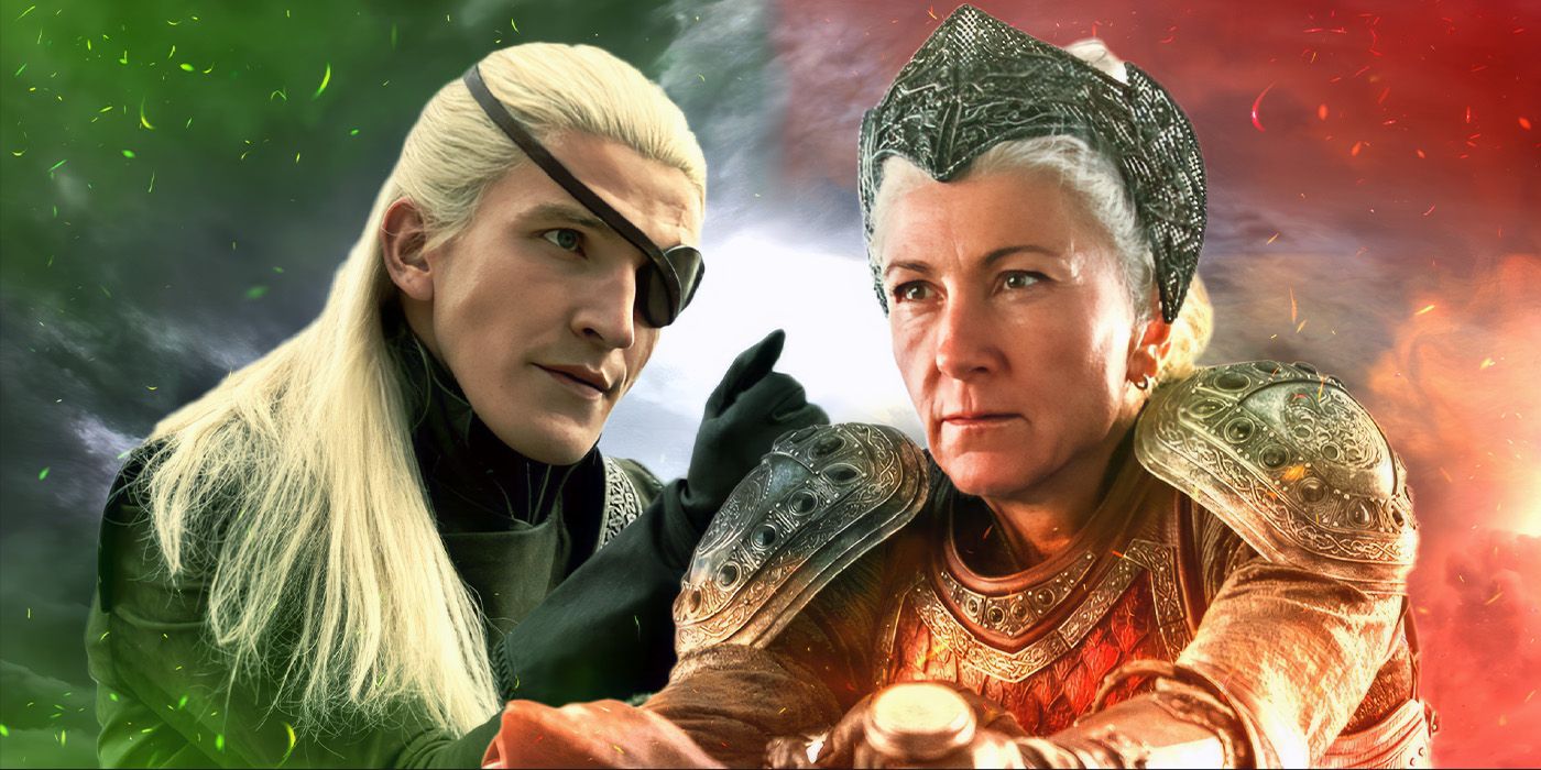 Ewan Mitchell as Aemond next to Eve Best as Rhaenys in a custom image for House of the Dragon Season 2 Episode 4
