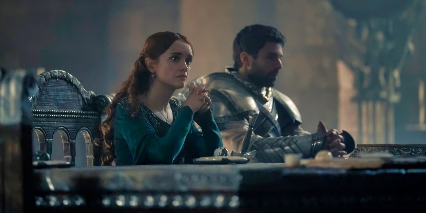 Olivia Cooke and Fabien Frankel sitting at the small council in House of the Dragon Season 2