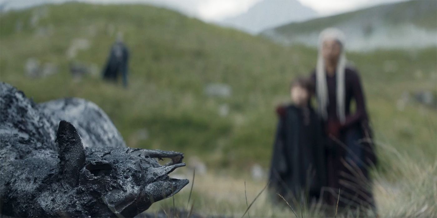 Rhaena and Joffrey look at the charred bones of a sheep in the Vale in House of the Dragon Season 2 Episode 6