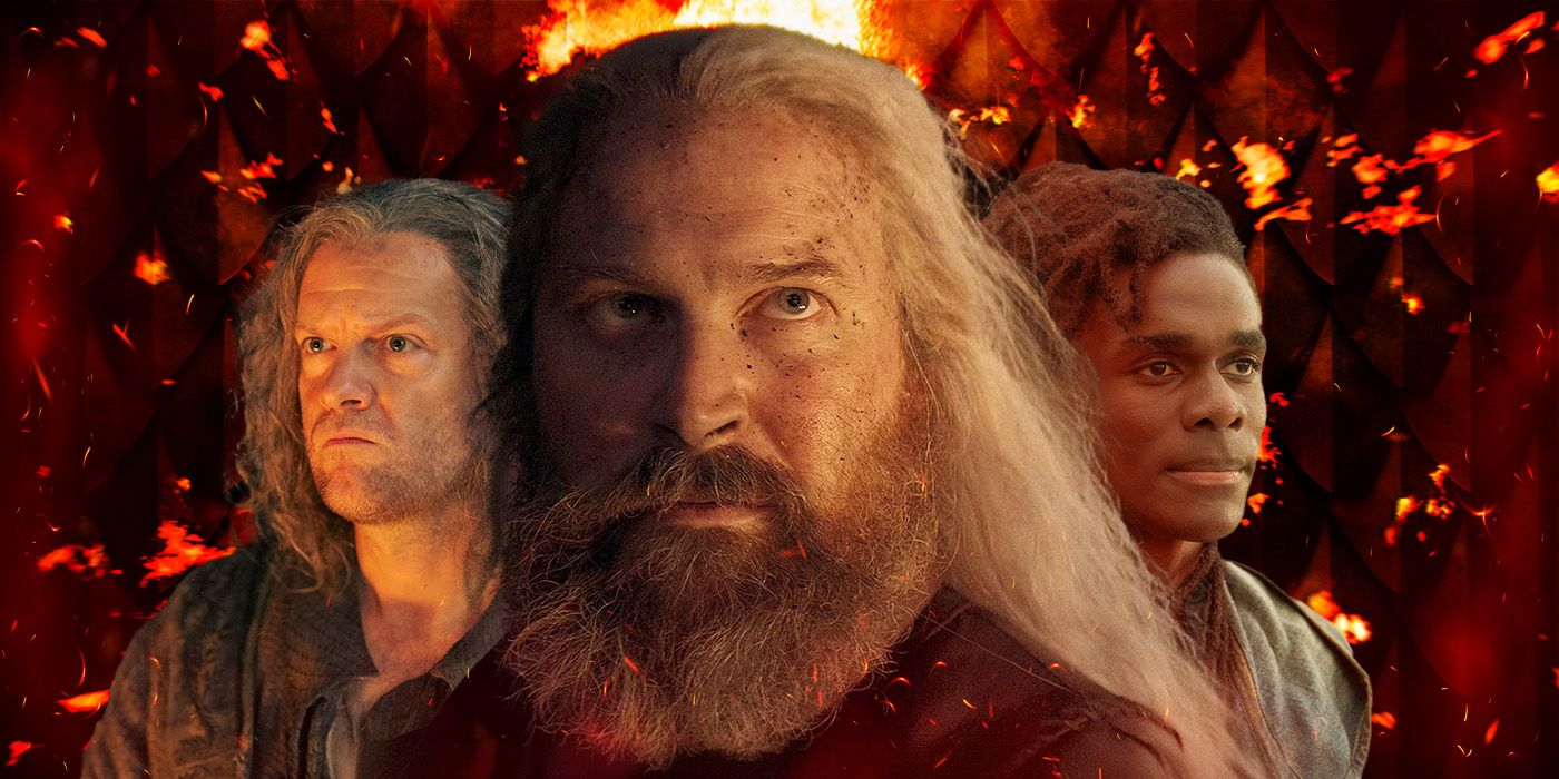 Kieran Bew as Hugh Hammer, Tom Bennett as Ulf the White, and Clinton Liberty as Addam of Hull together in a custom image with fire behind them for House of the Dragon