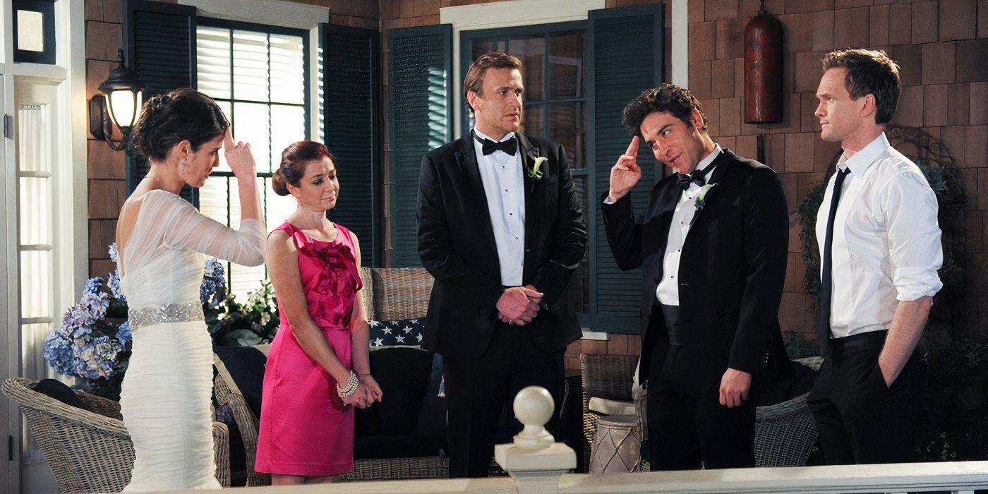 Robin, Lily, Marshall, Ted, & Barney dressed up in a hotel at Robin & Barney's wedding on How I Met Your Mother