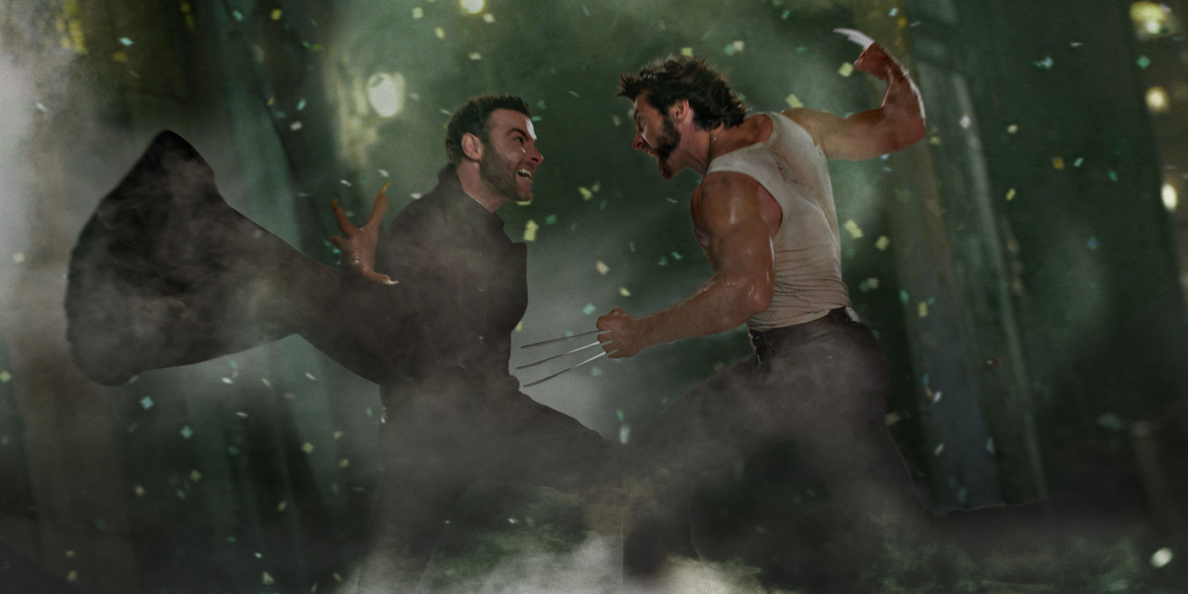 Hugh Jackman's wolverine and Liev Schreiber's Sabretooth mid-battle in X-Men Origins_ Wolverine