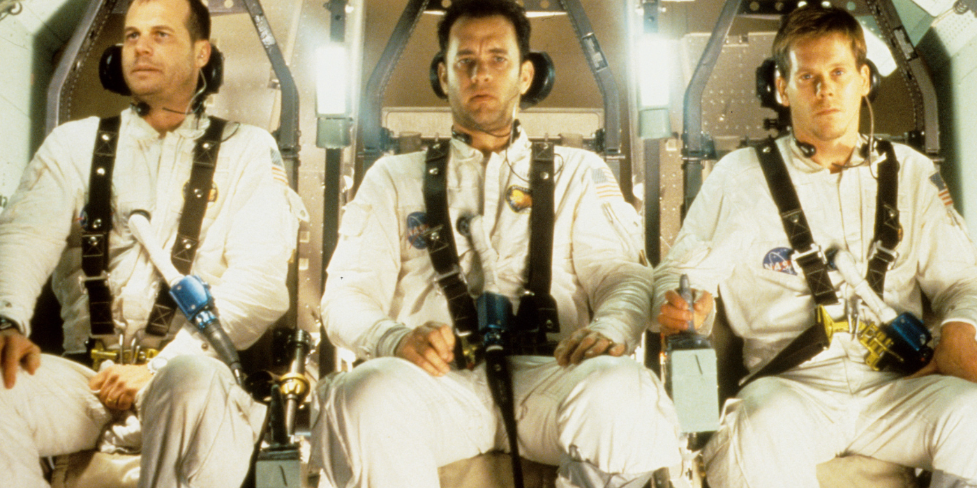 Bill Paxton, Tom Hanks, and Kevin Bacon as astronauts returning to Earth in Apollo 13