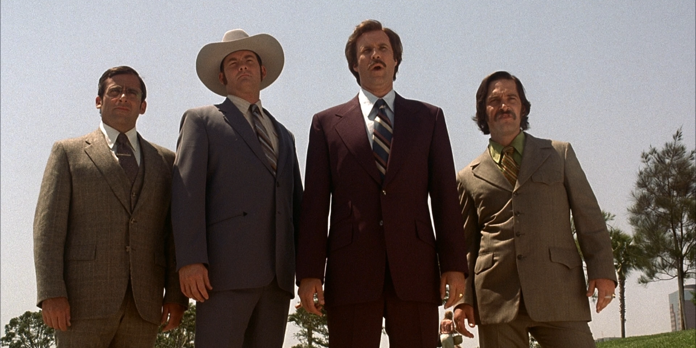 Ron Burgundy and his news team confronting Wes Mantooth in Anchorman