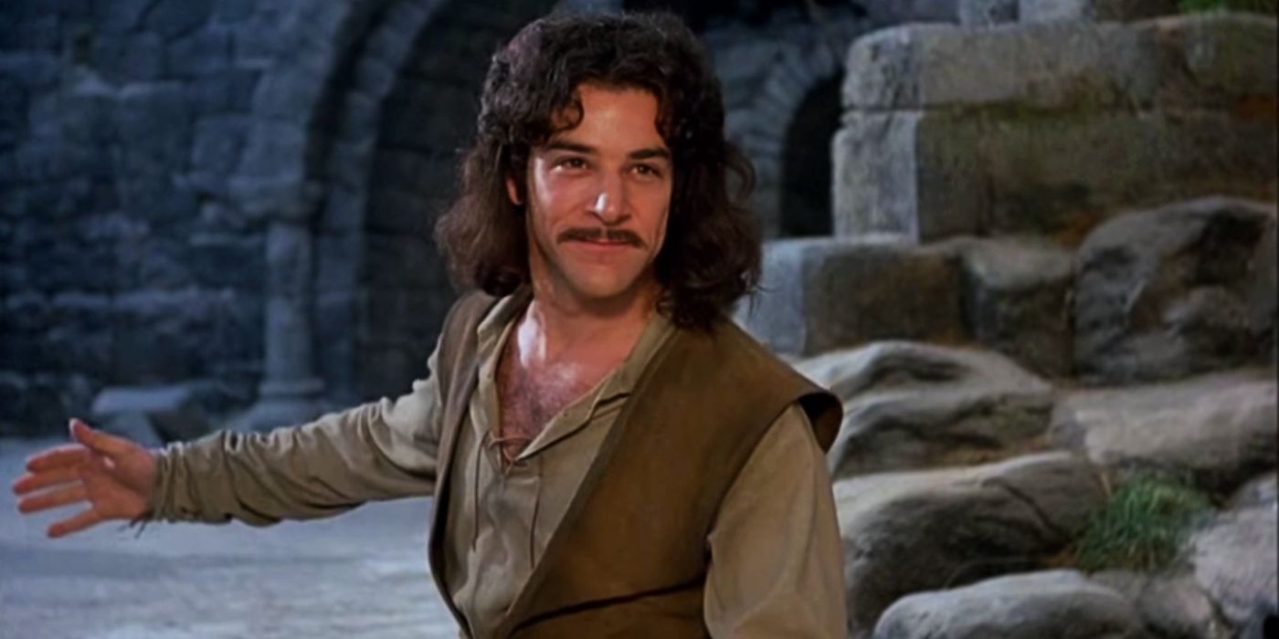 Mandy Patinkin as Inigo Montoya in a fighting pose among stone ruins in The Princess Bride.