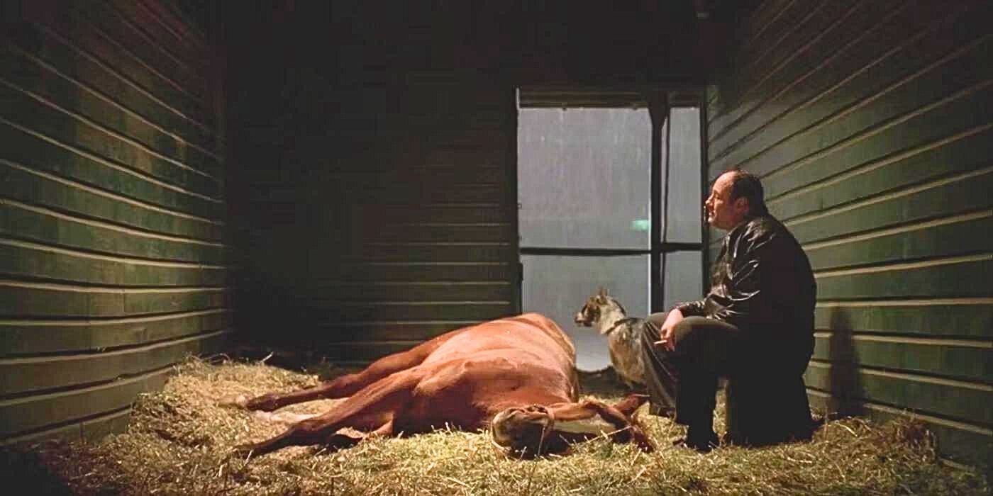 James Gandolfini as Tony Soprano sits in a barn with his dead horse Pie O My and a goat