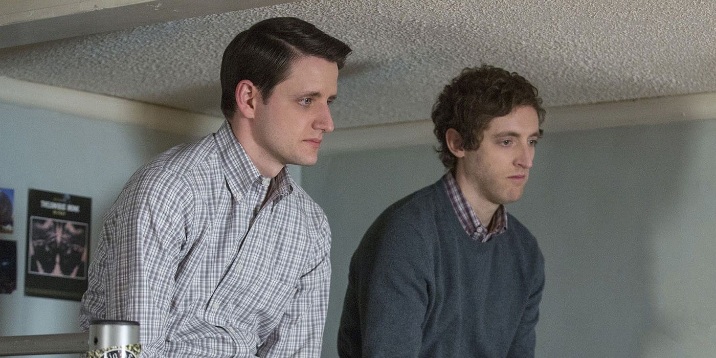 Jared Dunn (Zach Woods) and Richard Hendricks (Thomas Middleditch) reflect together on Silicon Valley.