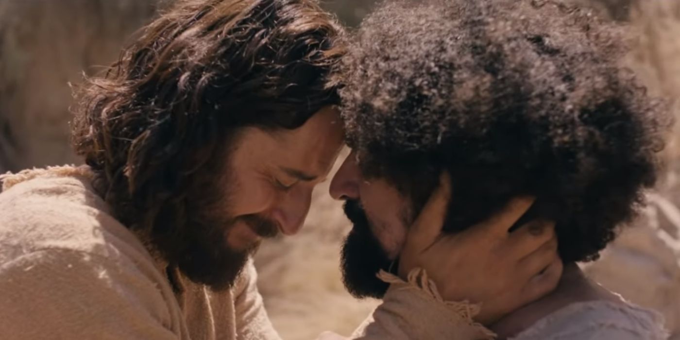 Jesus and Lazarus embrace after Jesus raises Lazarus from the dead in 'The Chosen'