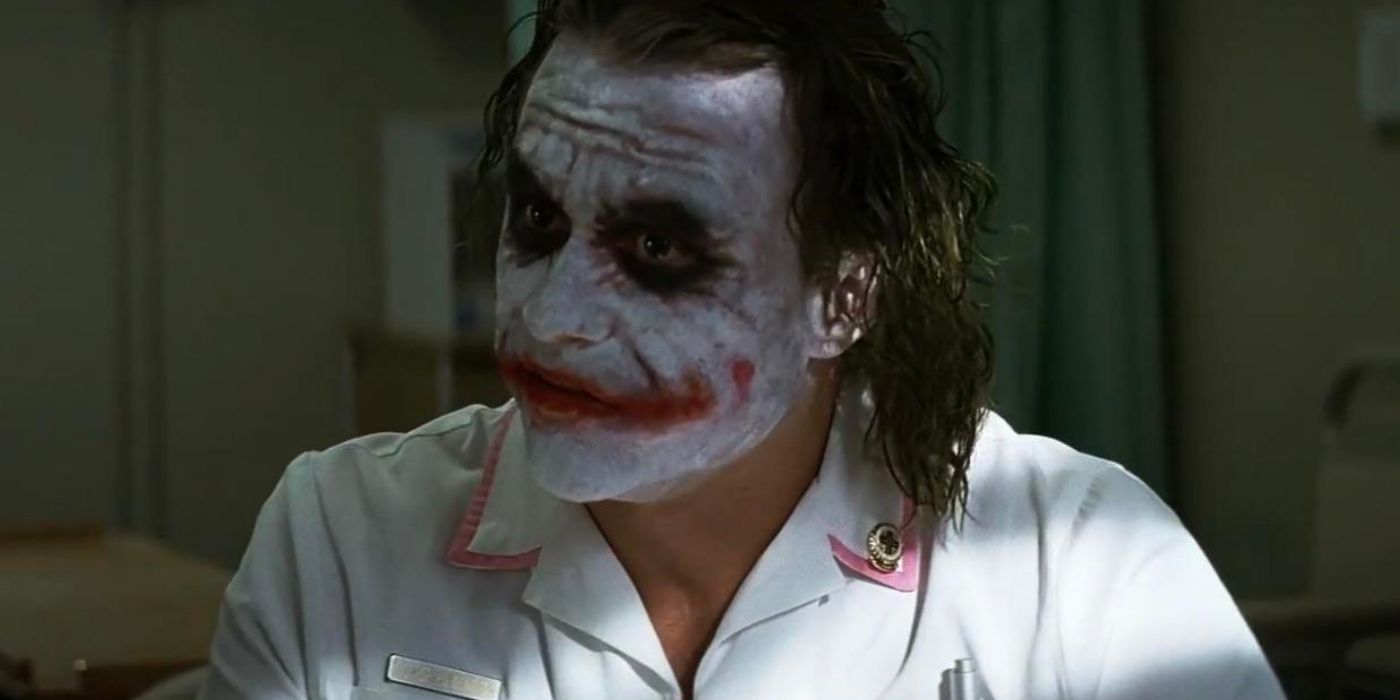 Heath Ledger as Joker in a nurse outfit in The Dark Knight