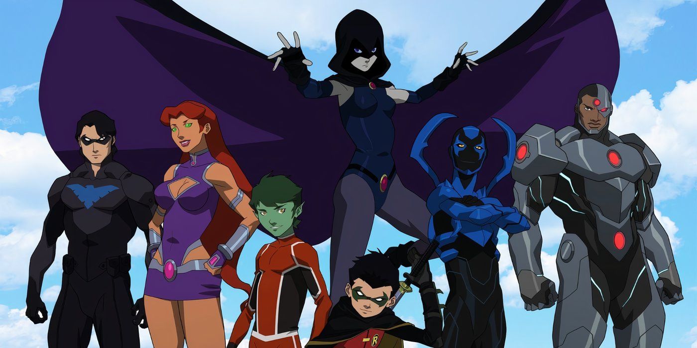 The Teen Titans standing in line in Justice League vs. Teen Titans