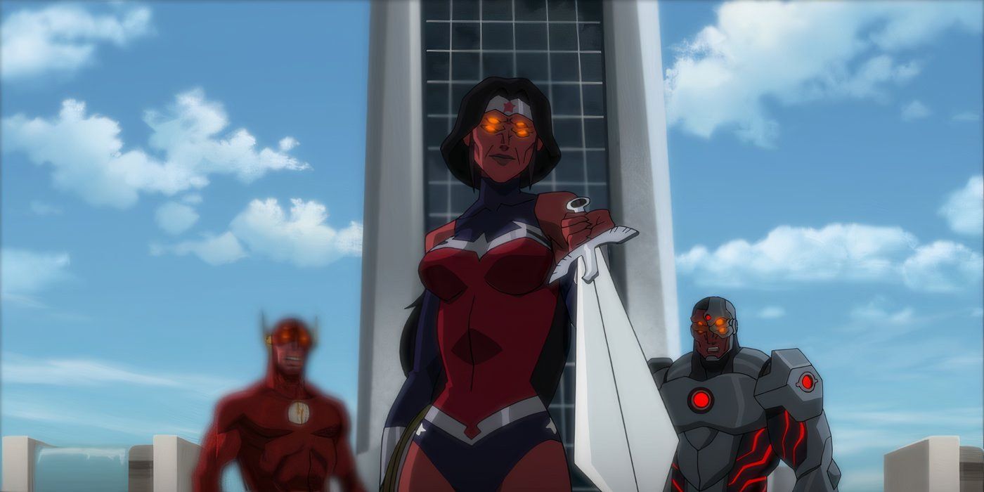 Flash, Wonder Woman, and Cyborg possessed with red glowing eyes in Justice League vs. Teen Titans