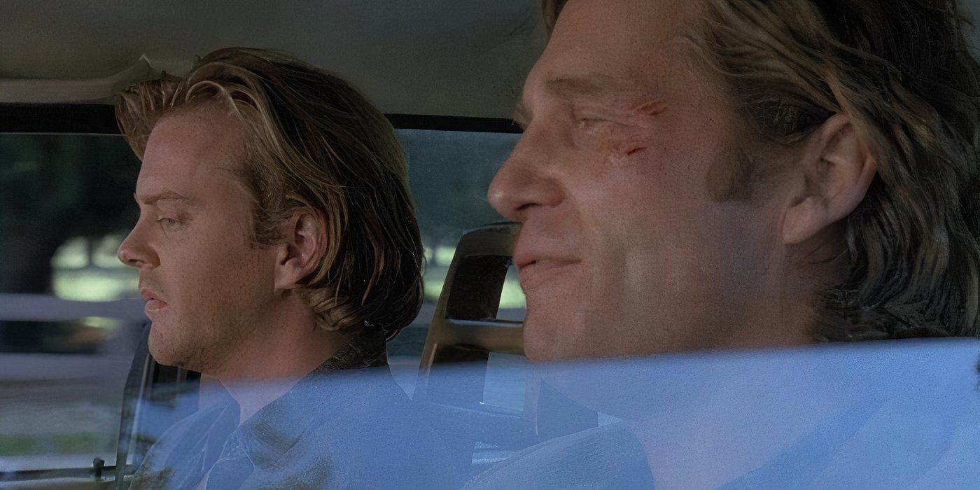 An extreme close-up of Kiefer Sutherland and Jeff Bridges driving in a car in The Vanishing 1993