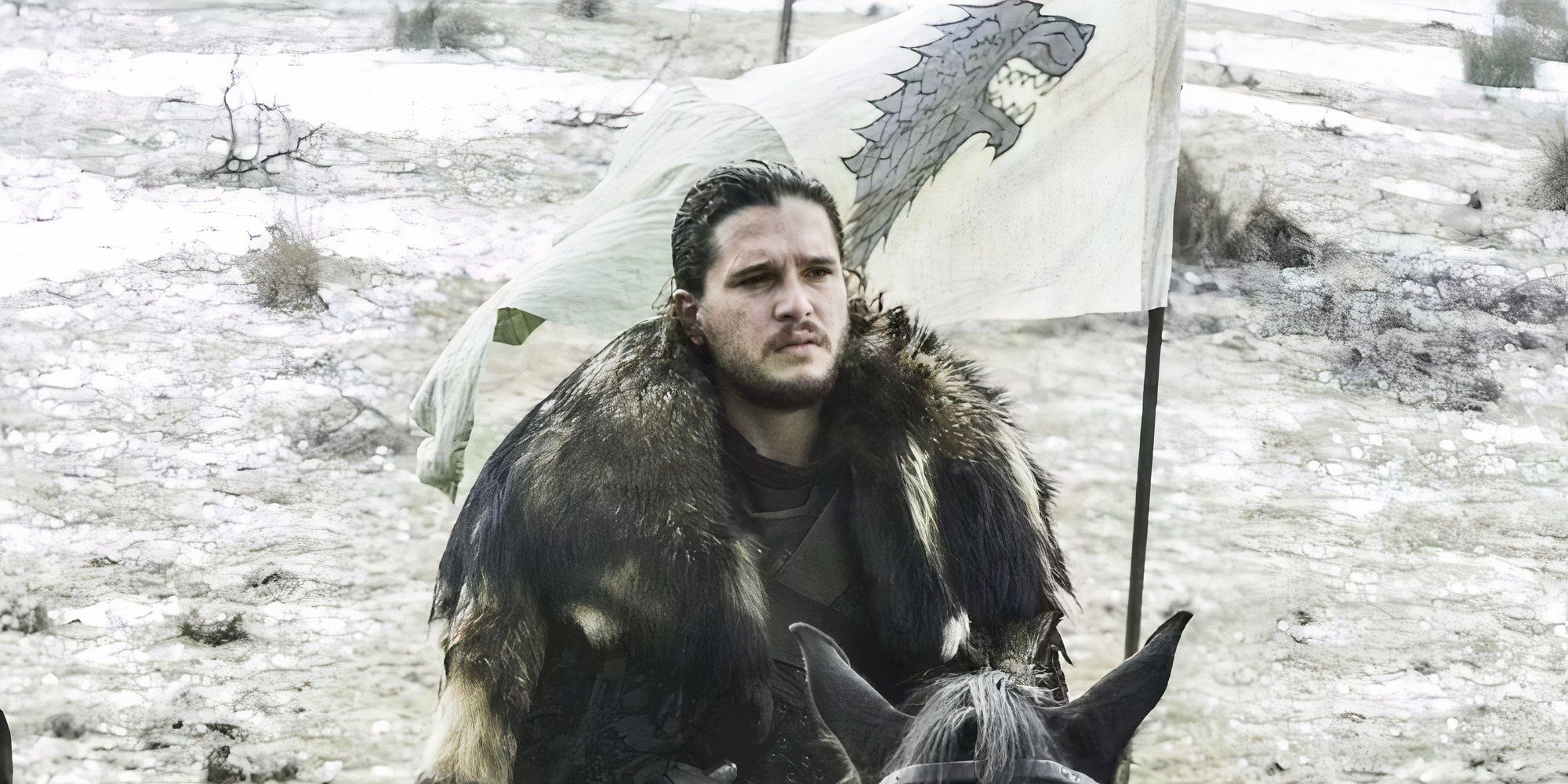 Kit Harington as Jon Snow sitting on horseback in Game of Thrones Battle of the Bastards episode