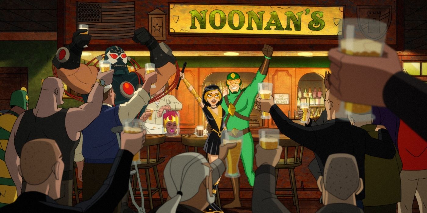 Kite Man, Golden Glider, and Bane celebrate with the patrons of Noonans