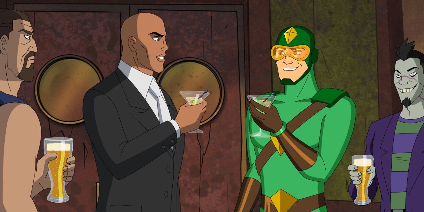 Kite Man (Matt Oberg) and Lex Luthor (Lance Reddick) having drinks in Kite Man: Hell Yeah