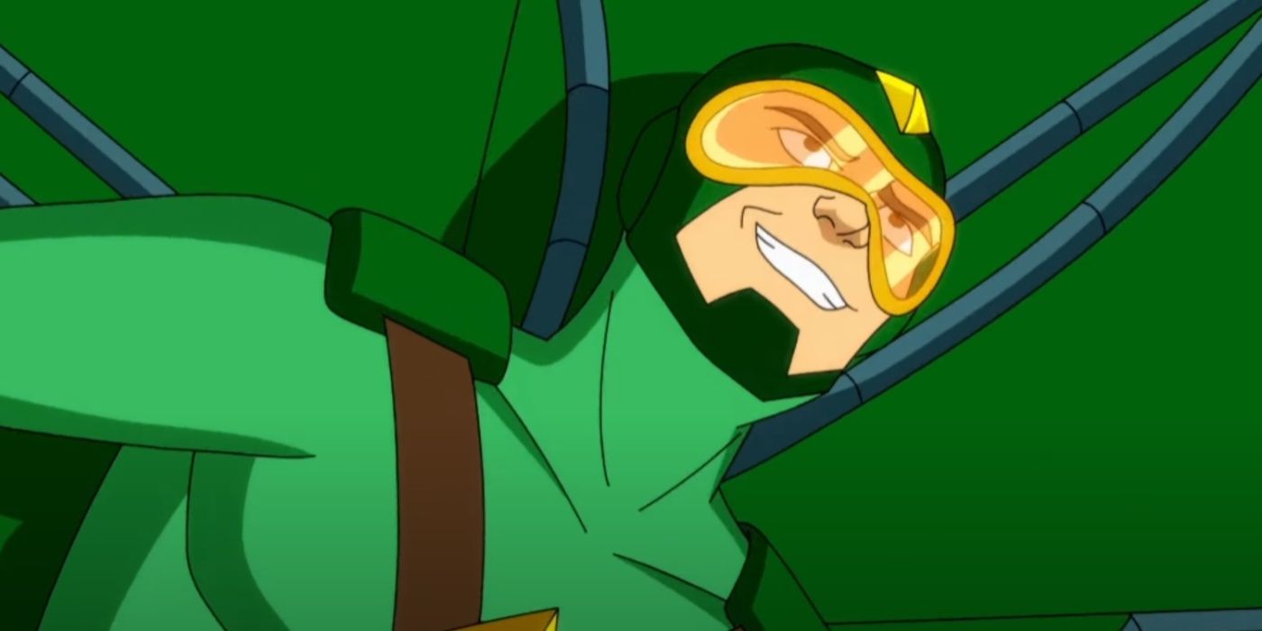 a close-up of kite man as he's smirking while flying