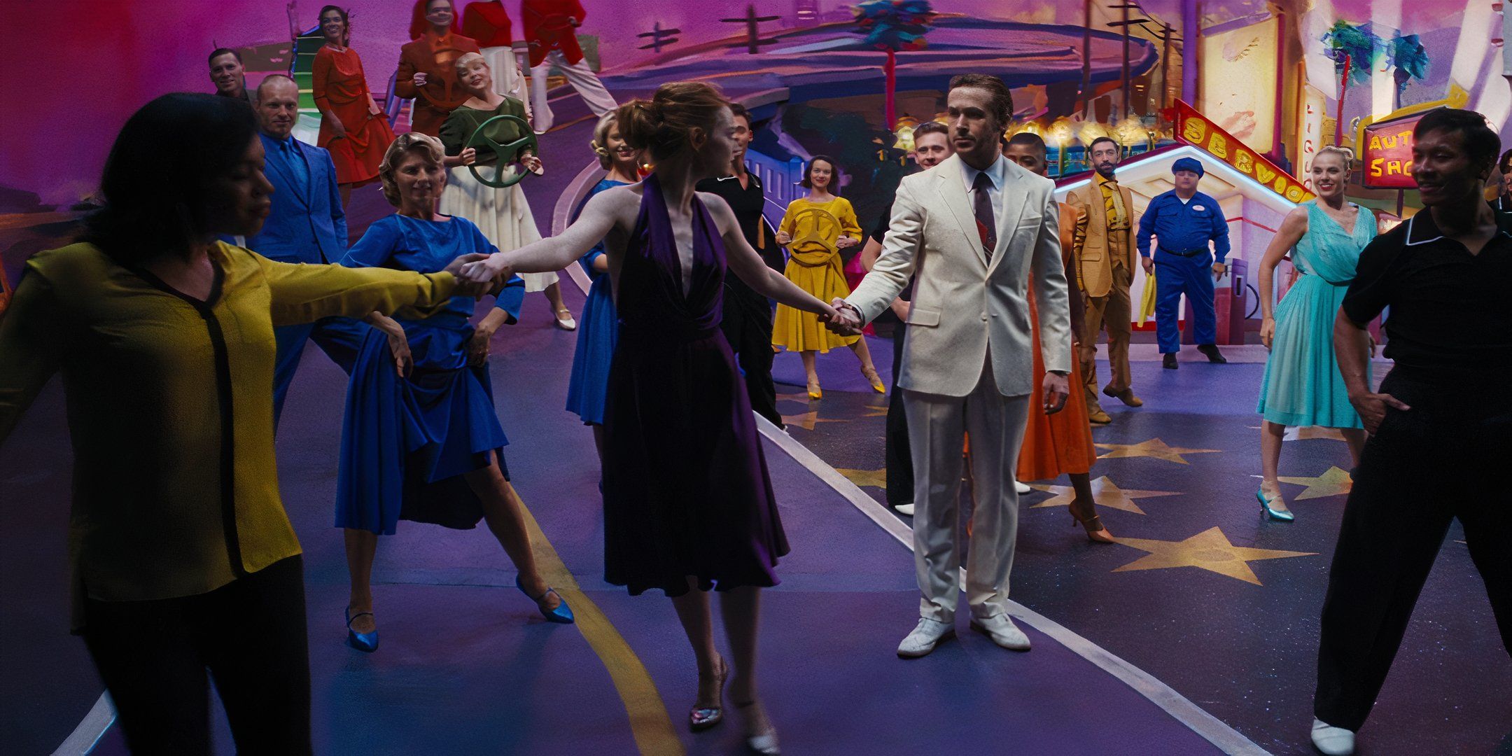 Mia (Emma Stone) and Sebastian (Ryan Gosling) are pulled apart by a musical chorus in 'La La Land' (2016)