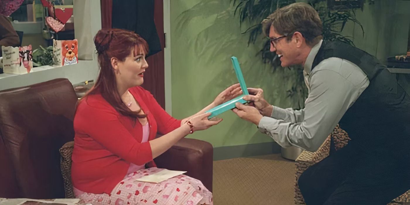 A young woman in red sits on a couch and accepts something from a man in suit bending down and smiling on Less Than Perfect.