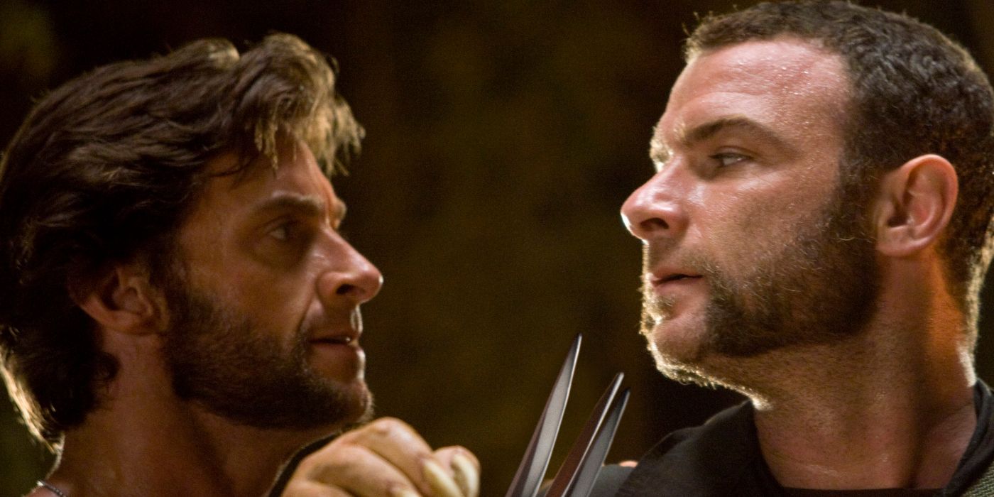 Liev Schreiber's Sabretooth and Hugh Jackman's Wolverine looking closely at each other