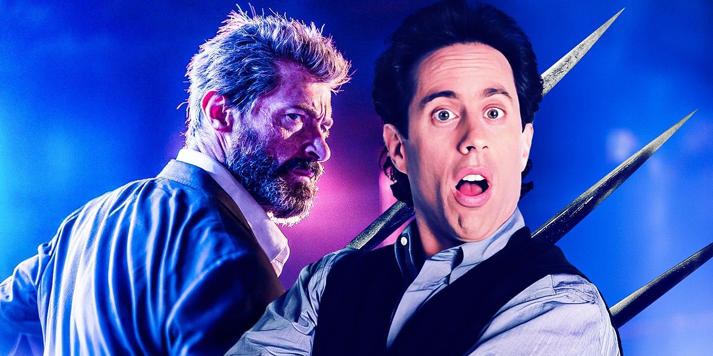 Hugh Jackman looking angry as Wolverine, superimposed next to Jerry Seinfeld, who looks surprised